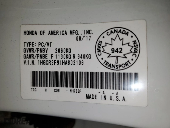 2017 Honda Accord Touring with VIN 1HGCR3F91HA802106, listed as a Copart auction lot 44224265 with 145,243 mi miles and Salvage title. Bid and sale history available at DreamBid. Image 13.