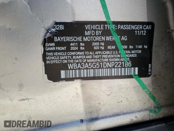 2013 BMW 3 Series 328i with VIN WBA3A5G51DNP22186, listed as a Copart auction lot 62760595 with 133,531 mi miles and Salvage title. Bid and sale history available at DreamBid. Image 12.