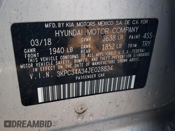 2018 Hyundai Accent Limited with VIN 3KPC34A34JE028834, listed as a Copart auction lot 85952344 with 70,655 mi miles and Salvage Title. Bid and sale history available at carsss.com. Image 12.