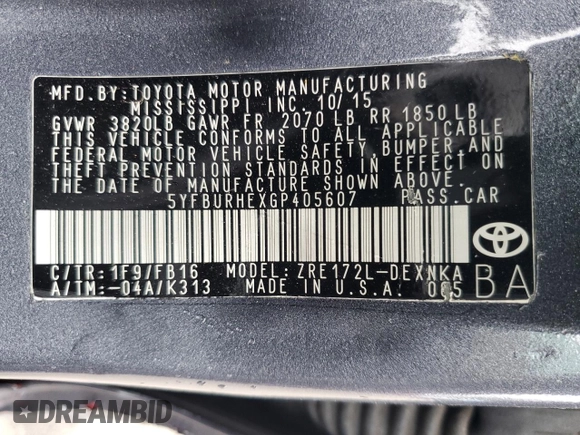 2016 Toyota Corolla L with VIN 5YFBURHEXGP405607, listed as a Copart auction lot 72750664 with 145,078 mi miles and Salvage title. Bid and sale history available at DreamBid. Image 12.
