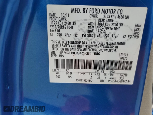 2012 Ford Escape XLT z VIN 1FMCU9DG4CKB11880, wystawiony jako Copart lot #61554935 z przebiegiem 139 385 mil mil oraz Szkoda całkowita • Salvage title. Historia ofert i sprzedaży dostępna na DreamBid. Obrazek 12.