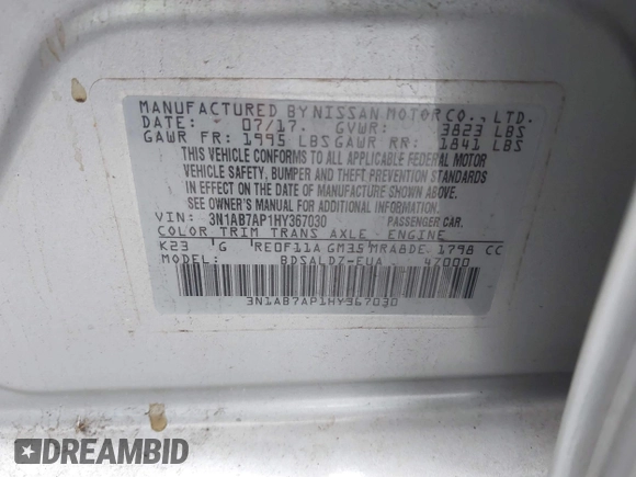 2017 Nissan Sentra SL with VIN 3N1AB7AP1HY367030, listed as a IAAI auction lot 42211345 with 119,166 mi miles and . Bid and sale history available at DreamBid. Image 9.