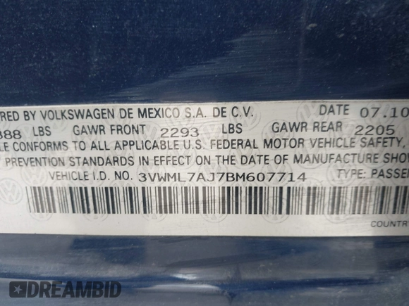 2011 Volkswagen Jetta TDI with VIN 3VWML7AJ7BM607714, listed as a IAAI auction lot 42047094 with 202,459 mi miles and . Bid and sale history available at DreamBid. Image 9.