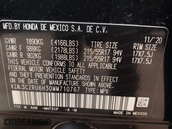 2021 Honda HR-V LX with VIN 3CZRU6H30MM710767, listed as a IAAI auction lot 42024370 with 43,096 mi miles. Bid and sale history available at carsss.com. Image 9.