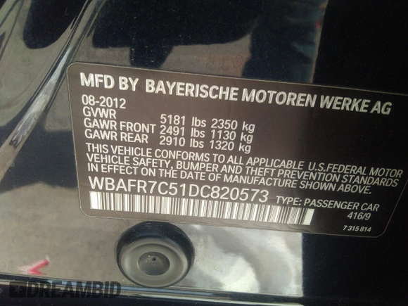 2013 BMW 5 Series 535i with VIN WBAFR7C51DC820573, listed as a IAAI auction lot 32790351 with Not Provided miles and . Bid and sale history available at DreamBid. Image 9.