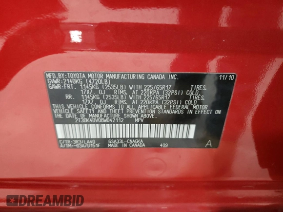2011 Toyota RAV4 Ltd with VIN 2T3DK4DV0BW042112, listed as a Copart auction lot 50539635 with 129,148 mi miles and Salvage Title. Bid and sale history available at carsss.com. Image 13.