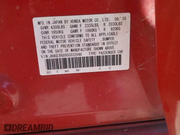 2005 Acura TSX with VIN JH4CL96895C032648, listed as a Copart auction lot 74750104 with 214,905 mi miles and Salvage title. Bid and sale history available at DreamBid. Image 13.