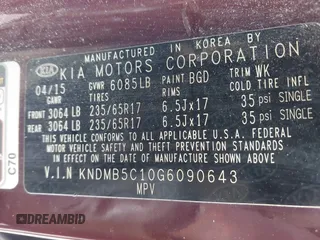 2016 Kia Sedona LX with VIN KNDMB5C10G6090643, listed as a IAAI auction lot 41911980 with 155,319 mi miles. Bid and sale history available at carsss.com. Image 9.