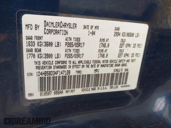 2004 Dodge Durango Limited with VIN 1D4HB58D34F147128, listed as a IAAI auction lot 42681003 with 185,972 mi miles and . Bid and sale history available at DreamBid. Image 9.