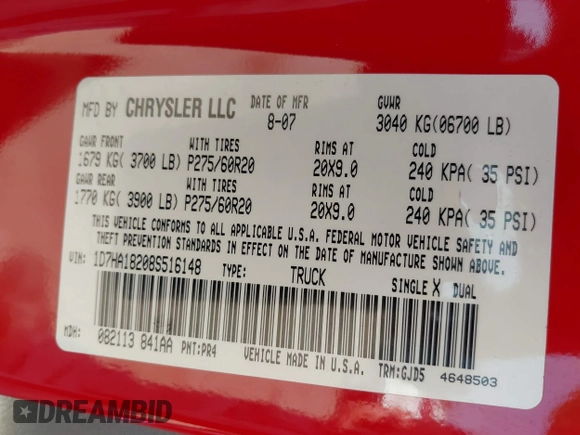 2008 Dodge 1500 SLT with VIN 1D7HA18208S516148, listed as a IAAI auction lot 42019910 with 219,573 mi miles and . Bid and sale history available at DreamBid. Image 9.