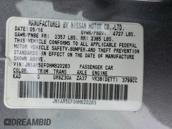 2017 Nissan GT-R Premium z VIN JN1AR5EF0HM820283, wystawiony jako Copart lot #80291674 z przebiegiem 98 489 mil mil oraz Szkoda całkowita • Salvage title. Historia ofert i sprzedaży dostępna na DreamBid. Obrazek 15.