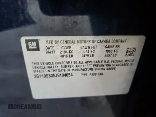 2018 Chevrolet Impala LT with VIN 2G1105S35J9104654, listed as a Copart auction lot 54988365 with 76,104 mi miles and Salvage Title. Bid and sale history available at DreamBid. Image 12.