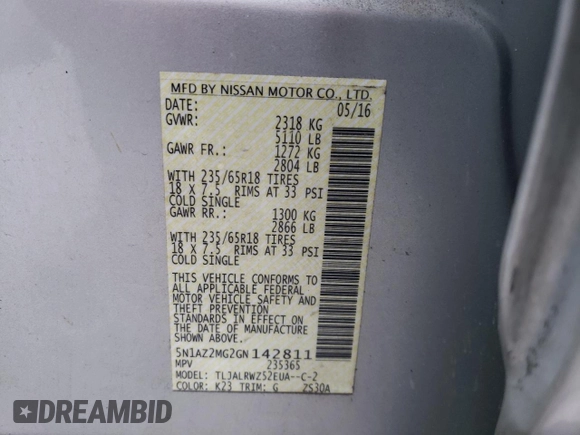 2016 Nissan Murano SV with VIN 5N1AZ2MG2GN142811, listed as a Copart auction lot 52642815 with 180,528 mi miles and Salvage Title. Bid and sale history available at carsss.com. Image 14.