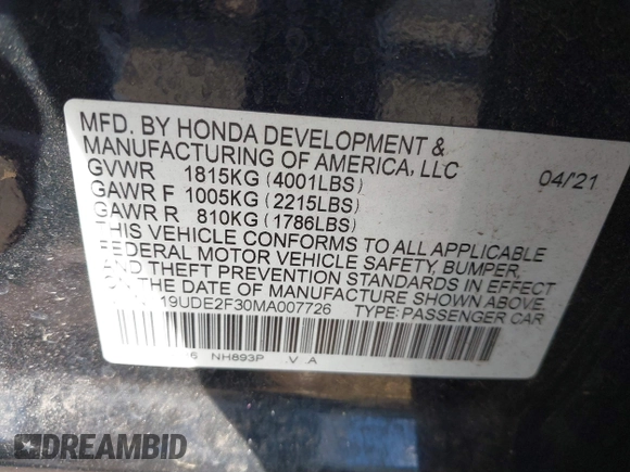 2021 Acura ILX with VIN 19UDE2F30MA007726, listed as a IAAI auction lot 40855642 with 70,573 mi miles and . Bid and sale history available at DreamBid. Image 9.
