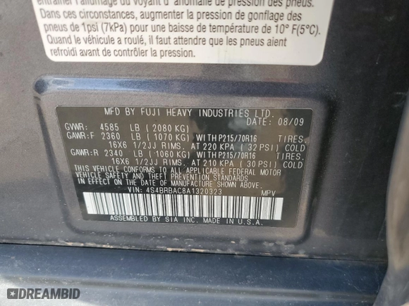 2010 Subaru Outback 2.5i with VIN 4S4BRBAC8A1320323, listed as a Copart auction lot 85920724 with 169,250 mi miles and Salvage Title. Bid and sale history available at carsss.com. Image 13.