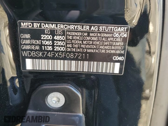 2005 Mercedes-Benz SL 55 AMG with VIN WDBSK74FX5F087211, listed as a Copart auction lot 79300514 with Not provided miles and Salvage title. Bid and sale history available at DreamBid. Image 14.