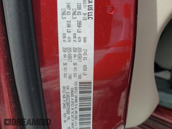 2019 Dodge Grand Caravan SXT with VIN 2C4RDGCG9KR759302, listed as a Copart auction lot 54262265 with 102,266 mi miles and Non Repairable. Bid and sale history available at DreamBid. Image 13.