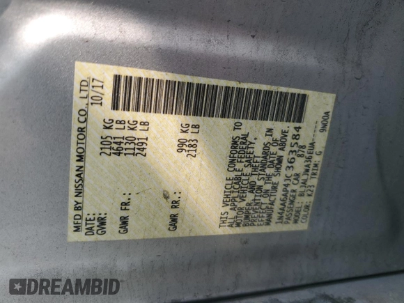 2018 Nissan Maxima SL with VIN 1N4AA6AP4JC363584, listed as a Copart auction lot 59315565 with 126,627 mi miles and Salvage title. Bid and sale history available at DreamBid. Image 12.