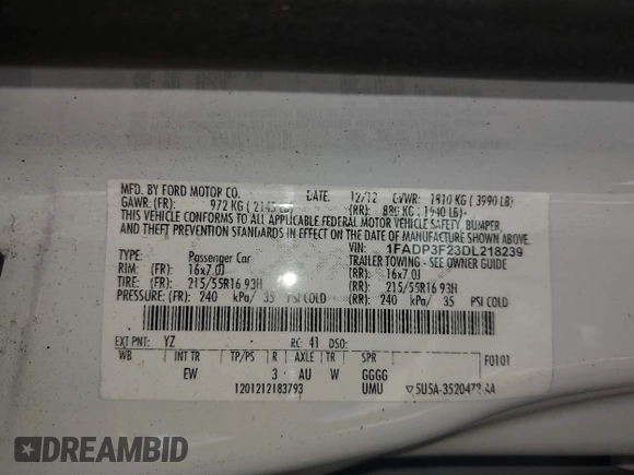 2013 Ford Focus SE with VIN 1FADP3F23DL218239, listed as a IAAI auction lot 42331440 with 156,501 mi miles and . Bid and sale history available at DreamBid. Image 9.