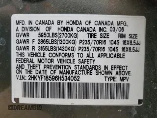 2006 Honda Pilot EX-L with VIN 2HKYF18596H534052, listed as a Copart auction lot 50204455 with 177,881 mi miles and Salvage Title. Bid and sale history available at DreamBid. Image 16.
