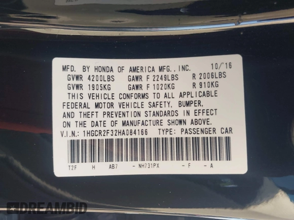 2017 Honda Accord Sedan LX with VIN 1HGCR2F32HA084166, listed as a IAAI auction lot 41669805 with 97,630 mi miles. Bid and sale history available at carsss.com. Image 9.