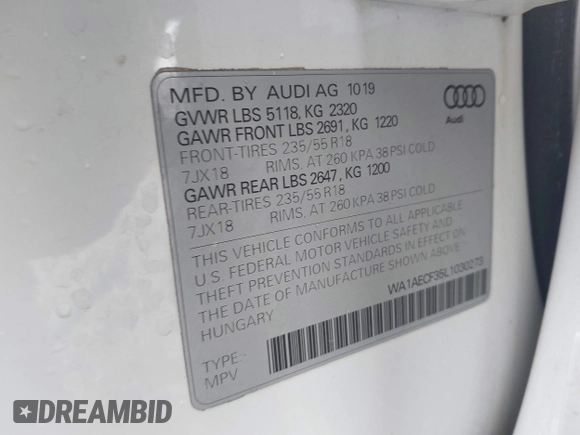 2020 Audi Q3 Premium with VIN WA1AECF35L1030273, listed as a IAAI auction lot 42006553 with 81,944 mi miles. Bid and sale history available at carsss.com. Image 9.