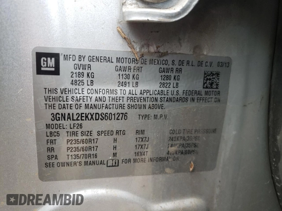 2013 Chevrolet Captiva Sport LS with VIN 3GNAL2EKXDS601276, listed as a Copart auction lot 84032744 with 145,571 mi miles and Clean Title. Bid and sale history available at DreamBid. Image 13.