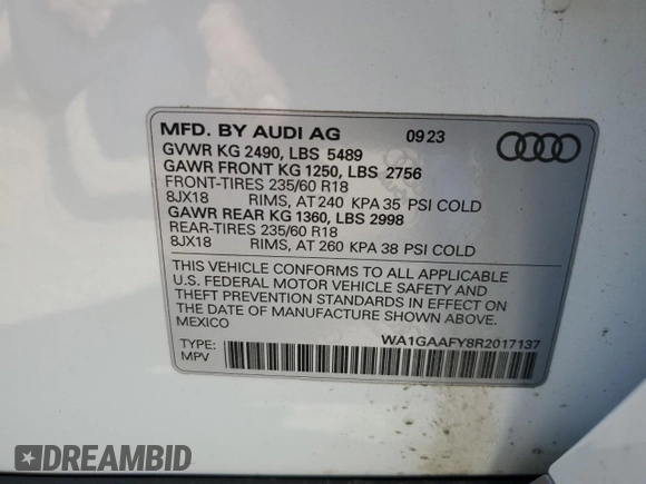 2024 Audi Q5 S line Premium with VIN WA1GAAFY8R2017137, listed as a Copart auction lot 52612505 with 6,078 mi miles and Salvage title. Bid and sale history available at DreamBid. Image 15.