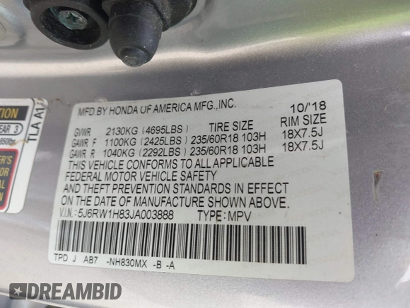 2018 Honda CR-V EX-L with VIN 5J6RW1H83JA003888, listed as a IAAI auction lot 42038500 with 16,723 mi miles and . Bid and sale history available at DreamBid. Image 9.