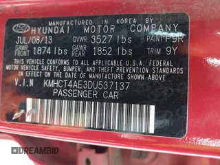 2013 Hyundai Accent GLS with VIN KMHCT4AE3DU537137, listed as a IAAI auction lot 42046119 with 158,878 mi miles. Bid and sale history available at carsss.com. Image 9.