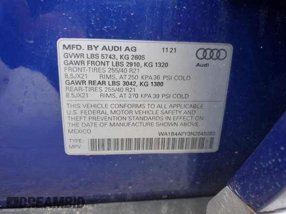 2022 Audi SQ5 Premium Plus with VIN WA1B4AFY3N2045083, listed as a Copart auction lot 74147484 with 11,033 mi miles and Salvage Title. Bid and sale history available at carsss.com. Image 13.