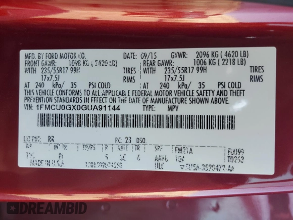 2016 Ford Escape SE z VIN 1FMCU0GX0GUA91144, wystawiony jako Copart lot #86379634 z przebiegiem 160 992 mil mil oraz Szkoda całkowita • Salvage title. Historia ofert i sprzedaży dostępna na DreamBid. Obrazek 15.