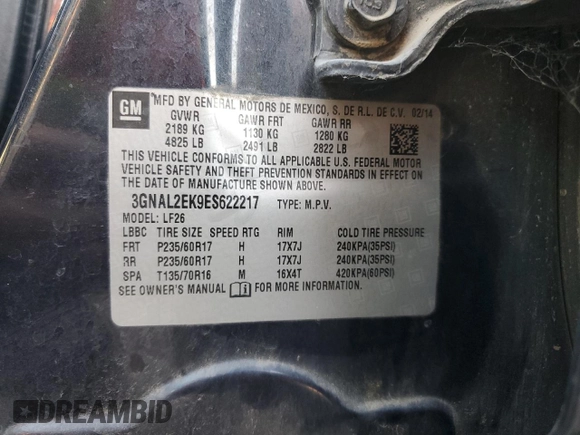 2014 Chevrolet Captiva Sport LS with VIN 3GNAL2EK9ES622217, listed as a Copart auction lot 69808504 with 154,500 mi miles and Salvage Title. Bid and sale history available at DreamBid. Image 14.