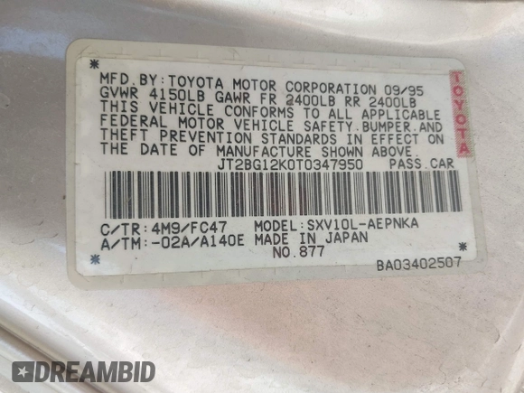 1996 Toyota Camry DX z VIN JT2BG12K0T0347950, wystawiony jako IAAI lot #42248890 z przebiegiem 264 017 mil mil oraz . Historia ofert i sprzedaży dostępna na DreamBid. Obrazek 9.