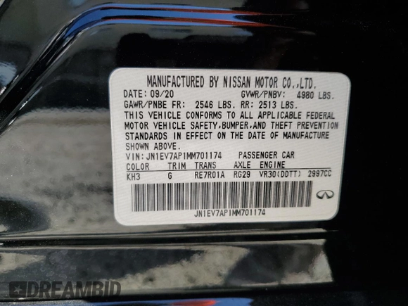 2021 Infiniti Q50 Pure with VIN JN1EV7AP1MM701174, listed as a Copart auction lot 49970925 with 68,668 mi miles and Non Repairable. Bid and sale history available at DreamBid. Image 14.