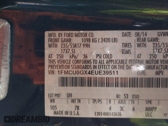 2014 Ford Escape SE with VIN 1FMCU0GX4EUE39511, listed as a IAAI auction lot 41477507 with 151,532 mi miles and . Bid and sale history available at DreamBid. Image 9.