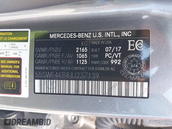 2018 Mercedes-Benz C 300 with VIN 55SWF4KB8JU237139, listed as a IAAI auction lot 42500621 with 78,647 mi miles and . Bid and sale history available at DreamBid. Image 9.