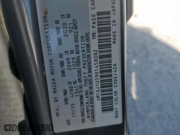 2016 Mazda 6 i Sport with VIN JM1GJ1U59G1458082, listed as a Copart auction lot 52247085 with 148,029 mi miles and Salvage Title. Bid and sale history available at DreamBid. Image 12.