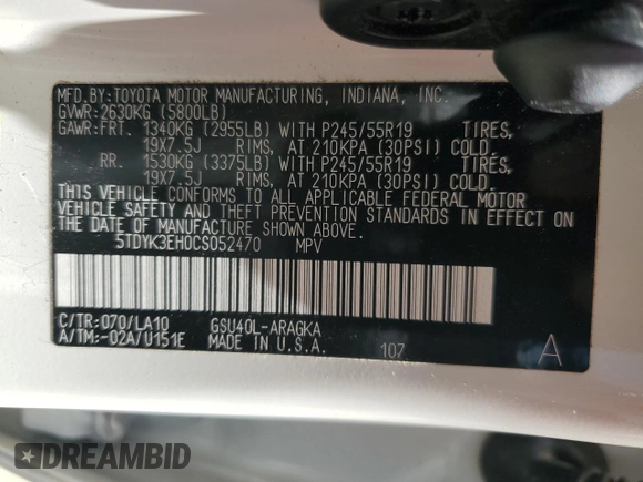2012 Toyota Highlander Limited with VIN 5TDYK3EH0CS052470, listed as a Copart auction lot 62135025 with 136,043 mi miles and Salvage title. Bid and sale history available at DreamBid. Image 13.