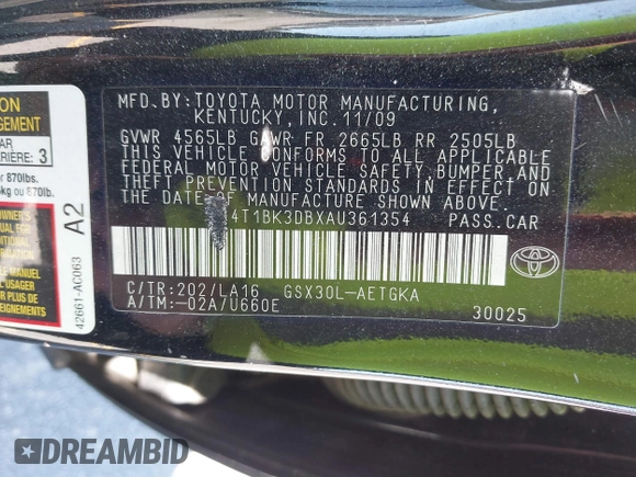 2010 Toyota Avalon XL with VIN 4T1BK3DBXAU361354, listed as a IAAI auction lot 41863124 with 163,625 mi miles and . Bid and sale history available at DreamBid. Image 9.