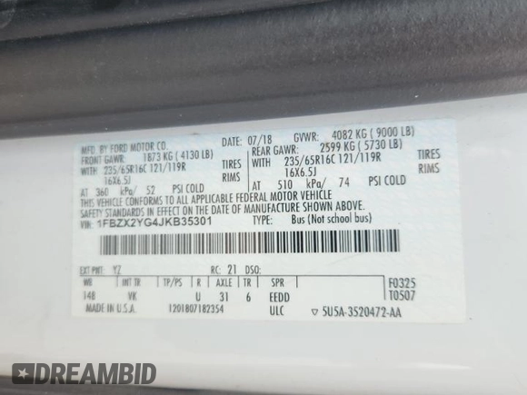 2018 Ford Transit Passenger XL с VIN 1FBZX2YG4JKB35301, выставлен на аукционе Copart как лот 62482675 с пробегом 125 646 миль миль и Чистый • Clean title. История ставок и продаж доступна на DreamBid. Изображение 13.