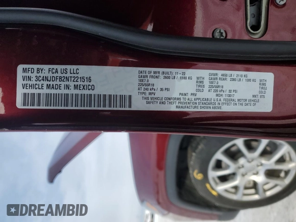 2022 Jeep Compass Latitude Lux with VIN 3C4NJDFB2NT221516, listed as a Copart auction lot 45726005 with 16,953 mi miles and Salvage title. Bid and sale history available at DreamBid. Image 15.