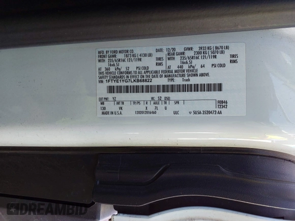 2020 Ford Transit Cargo with VIN 1FTYE1YG7LKB68822, listed as a IAAI auction lot 41798263 with 79,896 mi miles and . Bid and sale history available at DreamBid. Image 9.