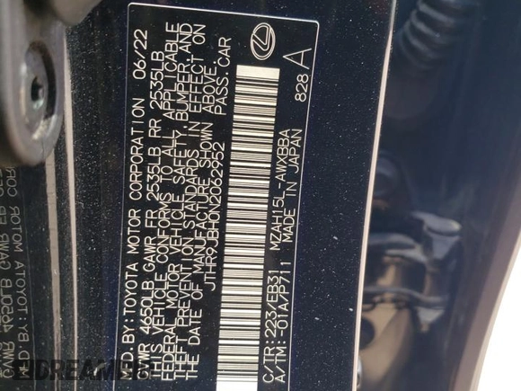 2022 Lexus UX 250h F Sport с VIN JTHR9JBH0N2062952, выставлен на аукционе Copart как лот 54942905 с пробегом 36 314 миль миль и Списание • Salvage title. История ставок и продаж доступна на DreamBid. Изображение 12.