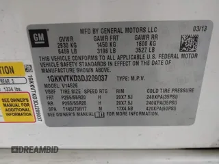 2013 GMC Acadia Denali with VIN 1GKKVTKD3DJ209037, listed as a IAAI auction lot 41449731 with 163,917 mi miles. Bid and sale history available at carsss.com. Image 9.