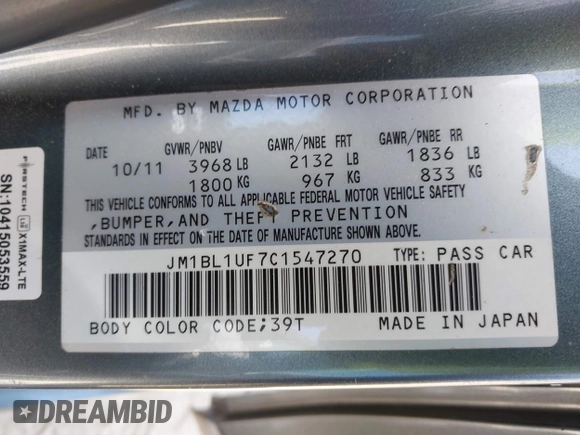 2012 Mazda 3 i Sport with VIN JM1BL1UF7C1547270, listed as a IAAI auction lot 42055234 with 124,546 mi miles and . Bid and sale history available at DreamBid. Image 9.