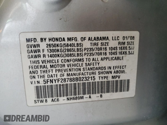 2008 Honda Pilot EX-L with VIN 5FNYF28788B023215, listed as a Copart auction lot 56560695 with 178,759 mi miles and Salvage title. Bid and sale history available at DreamBid. Image 14.