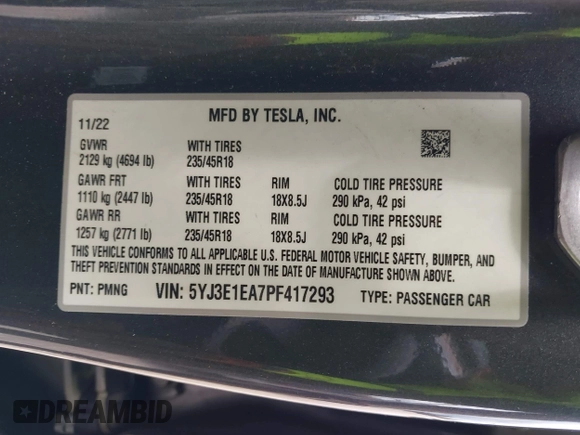 2023 Tesla Model 3 with VIN 5YJ3E1EA7PF417293, listed as a IAAI auction lot 42407659 with 22,578 mi miles and . Bid and sale history available at DreamBid. Image 9.