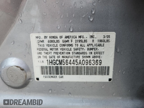 2005 Honda Accord LX with VIN 1HGCM56445A096369, listed as a Copart auction lot 62509155 with 193,832 mi miles and Clean title. Bid and sale history available at DreamBid. Image 12.