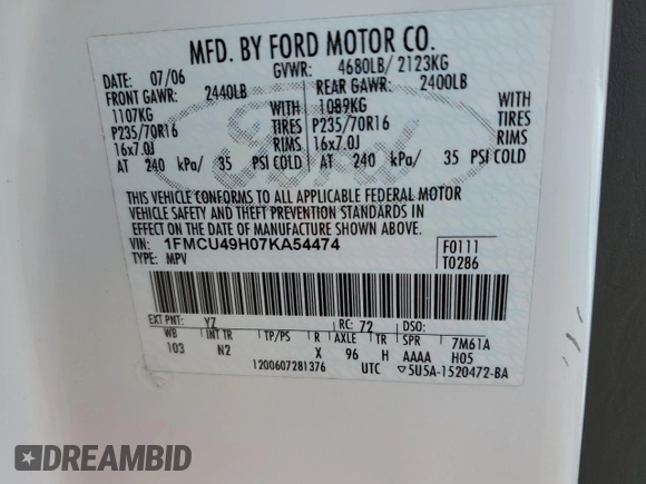 2007 Ford Escape Hybrid with VIN 1FMCU49H07KA54474, listed as a Copart auction lot 51008395 with 161,824 mi miles and Salvage Title. Bid and sale history available at carsss.com. Image 13.